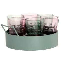 Maisons Du Monde Gobelets En Verre Rose Et Vert (x6) Plateau Rond En Métal Vert Olive