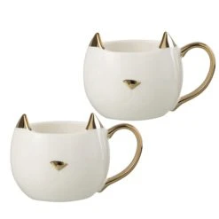 Jolipa Set De 2 Mugs Chats En Porcelaine Blanche Et Or