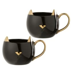Jolipa Set De 2 Mugs Chats En Porcelaine Noire Et Or