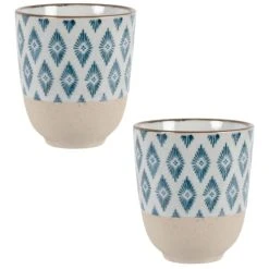 Maisons Du Monde Tasse En Faïence Beige Motifs Losanges Bleus - Lot De 2